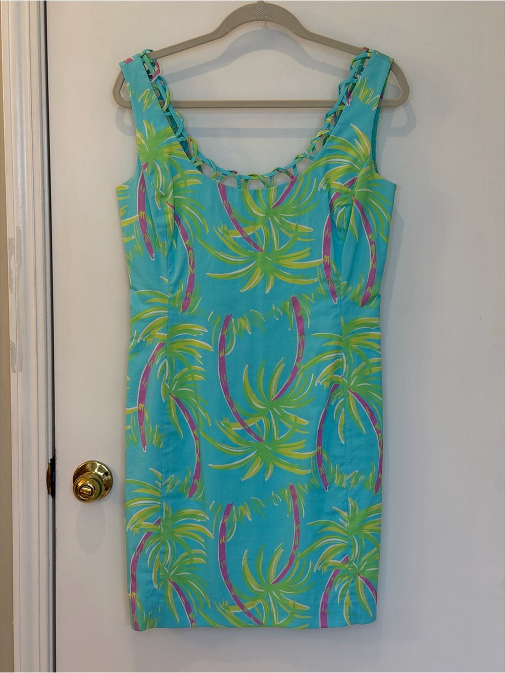 Lilly Pulitzer Turquoise Palm Print Sheath Dress with Pink & Lime Accents
